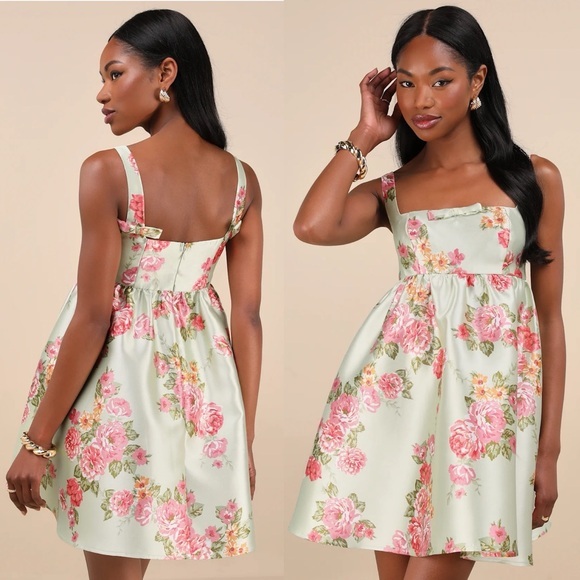 Lulus Dresses & Skirts - NWT Lulu’s Unbelievably Lovely Sage Floral Babydoll Empire Waist Mini Dress XL